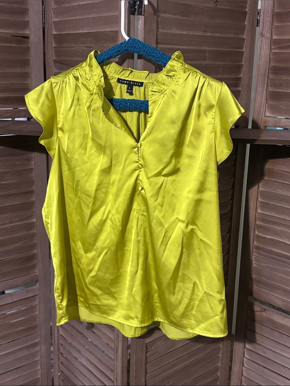 Lime Green Satin V-Neck Blouse